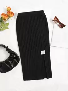 SHEIN EZwear Plus Letter Patched Detail Split Hem Skirt - Black - View 1