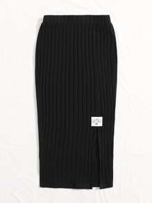 SHEIN EZwear Plus Letter Patched Detail Split Hem Skirt - Black - View 6