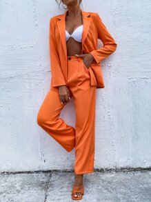SHEIN Essnce Single Button Blazer & Fold Pleated Trousers - Orange - View 4