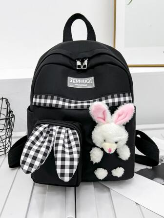 Niñas Mochila funcional con estampado de guingán con diseño de conejo
