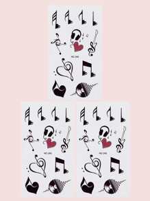 Adesivo de tatuagem com padrão de nota musical de 3 folhas - Preto - Visão 1
