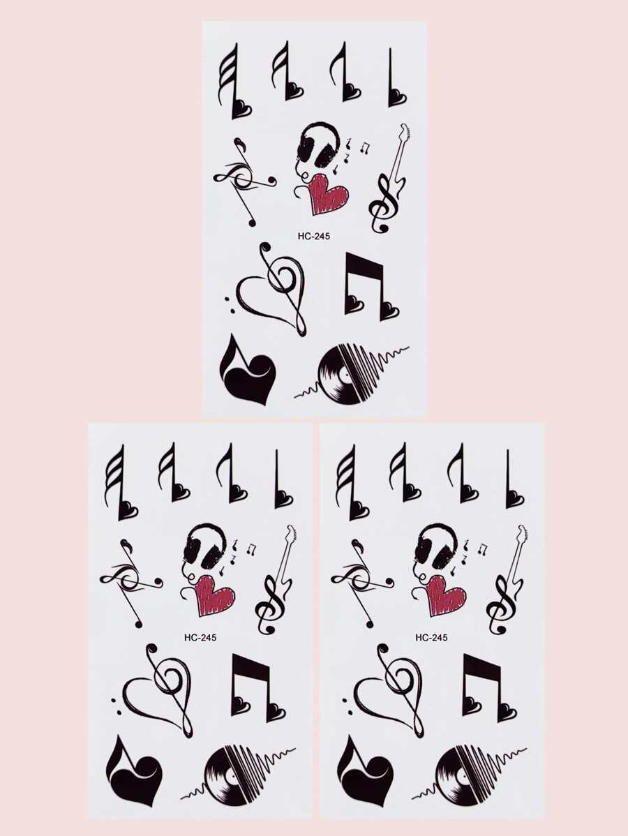 Adesivo de tatuagem com padrão de nota musical de 3 folhas - Preto - Visão 1
