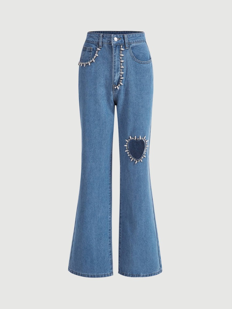 SHEIN MOD Heart Pattern Rhinestone Detail Flare Leg Jeans - Medium Wash - View 1
