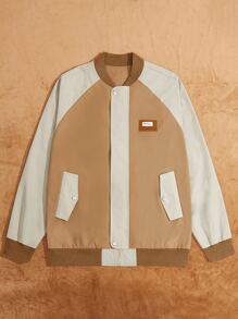 Manfinity Hombres 1 pieza Cazadora tipo bomber con parche de letra de manga raglán - Caqui - Ver 2