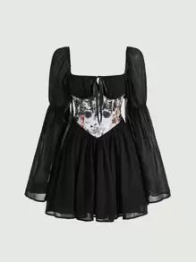 SHEIN MOD Cat Print Ruched Bust Knotted Front Flounce Sleeve Dress - Black - View 1