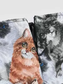 SHEIN MOD Cat Print Ruched Bust Knotted Front Flounce Sleeve Dress - Black - View 5