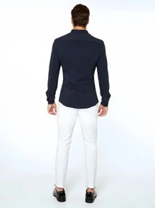 Manfinity Men Solid Button Front Shirt - Navy Blue - View 3