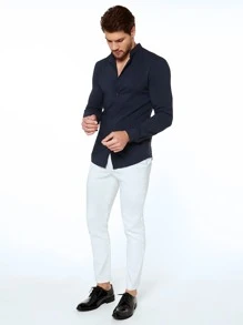 Manfinity Men Solid Button Front Shirt - Navy Blue - View 5