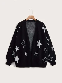 Flirla Plus Star Pattern Lantern Sleeve Cardigan - Black - View 1