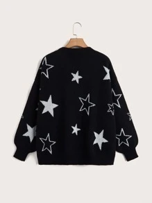 Flirla Plus Star Pattern Lantern Sleeve Cardigan - Black - View 2