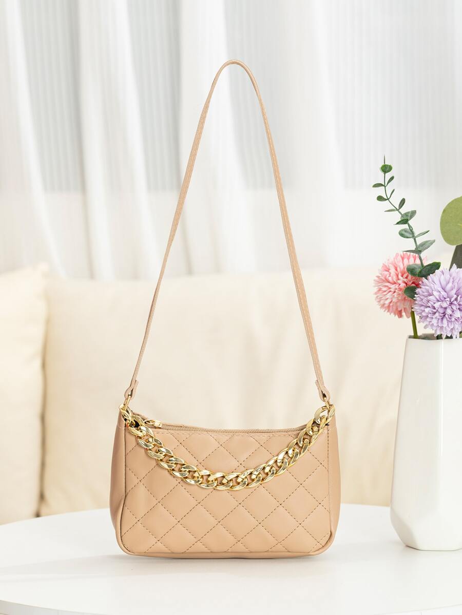 Mini Quilted Chain Decor Square Bag - Khaki - View 1