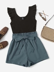 SHEIN LUNE Plus Ruffle Armhole Paperbag Waist Belted Romper - Multicolor - View 1