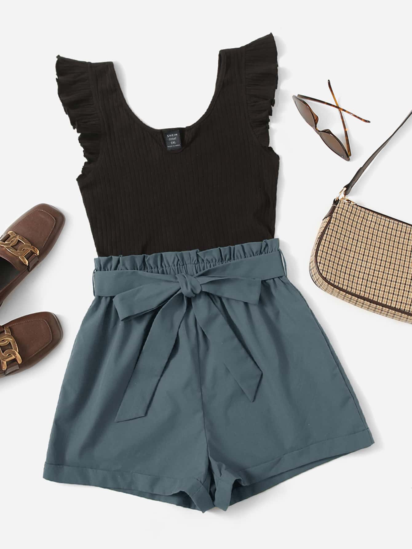 SHEIN LUNE Plus Ruffle Armhole Paperbag Waist Belted Romper - Multicolor - View 1