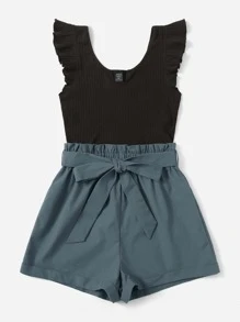 SHEIN LUNE Plus Ruffle Armhole Paperbag Waist Belted Romper - Multicolor - View 3