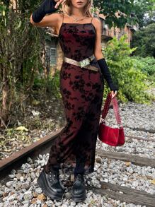 ROMWE PUNK Grunge Floral Print Mesh Overlay Cami Dress Without Belt - Black - View 1