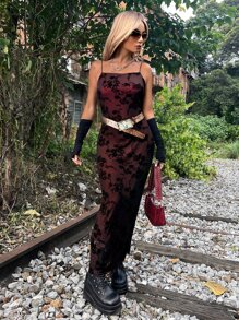 ROMWE PUNK Grunge Floral Print Mesh Overlay Cami Dress Without Belt - Black - View 3