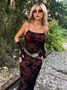 ROMWE PUNK Grunge Floral Print Mesh Overlay Cami Dress Without Belt - Black - View 4