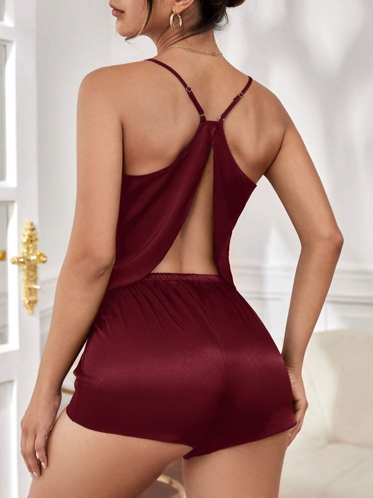 Solid Asymmetrical Hem Satin PJ Set / Pajama Set - Burgundy - View 1