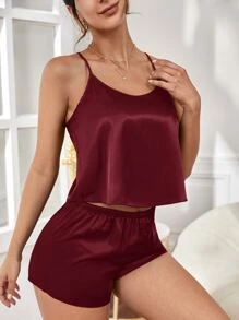 纯色不对称下摆缎面睡衣套装/睡衣套装