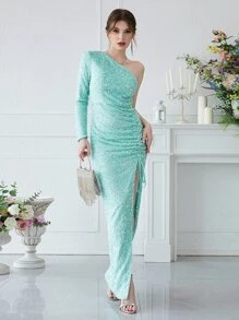 YISIKADO One Shoulder Split Thigh Sequin Formal Evening Gown - Mint Blue - View 1