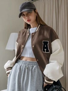 DAZY 字母拼接彩色拼接飛行外套 - 棕色 - 查看 1