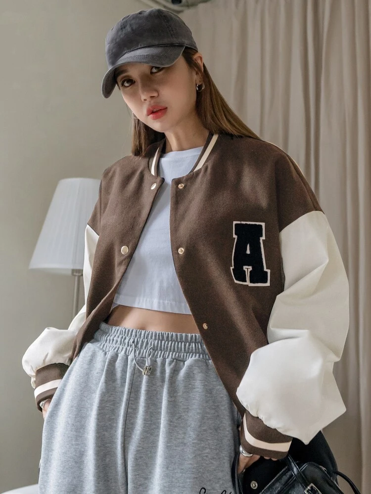 Letter Patched Color Block Drop Shoulder Varsity Jacket