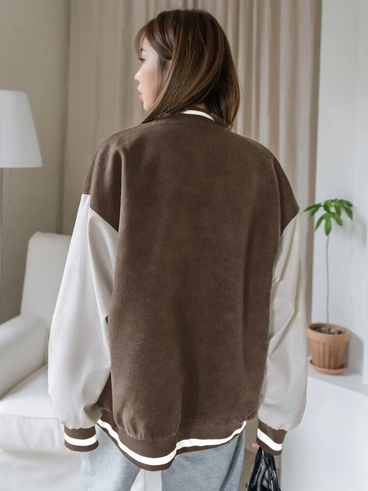 Letter Patched Color Block Drop Shoulder Varsity Jacket