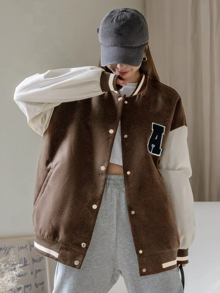 Letter Patched Color Block Drop Shoulder Varsity Jacket