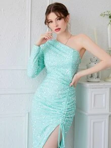 YISIKADO One Shoulder Split Thigh Sequin Formal Evening Gown - Mint Blue - View 7