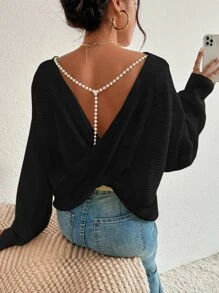 SHEIN Privé Crossover Back Pearls Beaded Drop Shoulder Jumper - Black - View 1