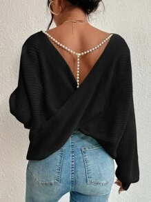 SHEIN Privé Crossover Back Pearls Beaded Drop Shoulder Jumper - Black - View 2