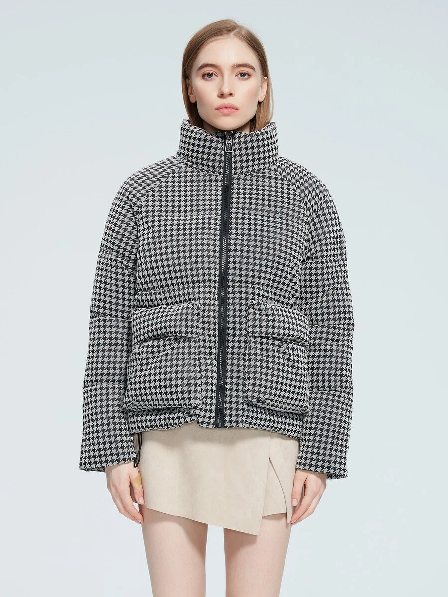 MIEGOFCE Houndstooth Print Double Pocket Raglan Sleeve Padded Coat - Grey - View 1