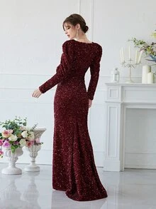 YISIKADO 拼接網紗羊腿袖亮片舞會連衣裙 - 酒紅色 - 查看 2