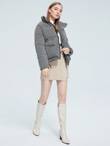 MIEGOFCE Houndstooth Print Double Pocket Raglan Sleeve Padded Coat - Grey - View 5