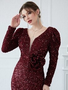 YISIKADO 拼接網紗羊腿袖亮片舞會連衣裙 - 酒紅色 - 查看 4