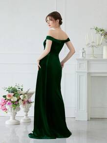 YISIKADO Off Shoulder Split Thigh Velvet Prom Dress