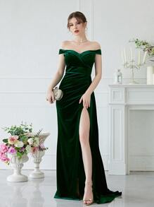 YISIKADO Off Shoulder Split Thigh Velvet Prom Dress