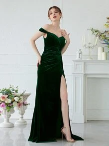 YISIKADO Off Shoulder Split Thigh Velvet Prom Dress