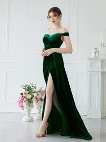 YISIKADO Off Shoulder Split Thigh Velvet Prom Dress