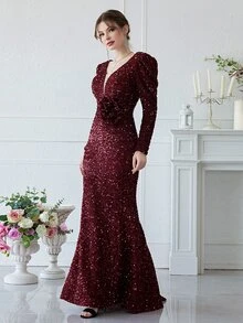 YISIKADO 拼接網紗羊腿袖亮片舞會連衣裙 - 酒紅色 - 查看 6