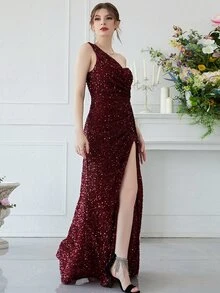 YISIKADO Đầm Xù Dây kéo Tách cao màu trơn Hấp dẫn - Màu Tím - Xem 4