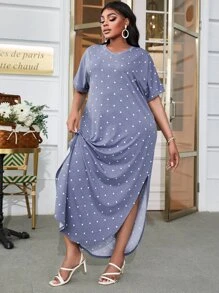 DEARCASE Plus Polka Dot Print Split Hem Dress - Blue - View 1