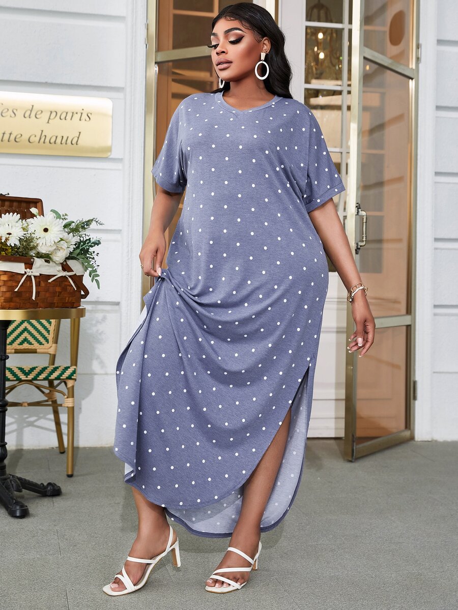 DEARCASE Plus Polka Dot Print Split Hem Dress - Blue - View 1