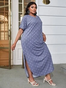 DEARCASE Plus Polka Dot Print Split Hem Dress - Blue - View 3