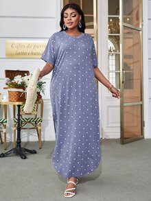 DEARCASE Plus Polka Dot Print Split Hem Dress - Blue - View 4