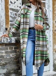 SHEIN 格紋落肩袖弧形下擺粗花呢花呢外套不附腰帶 - 彩色 - 查看 4