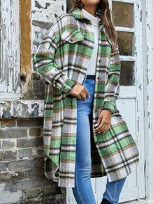 SHEIN 格紋落肩袖弧形下擺粗花呢花呢外套不附腰帶 - 彩色 - 查看 1