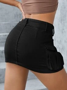 SHEIN ICON Flap Pocket Denim Skirt
