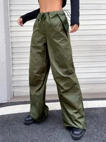 SHEIN ICON Quần nhảy dù Gorpcore Eo dây rút quần ống rộng - xanh quân đội - Xem 3