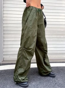SHEIN ICON Quần nhảy dù Gorpcore Eo dây rút quần ống rộng - xanh quân đội - Xem 4